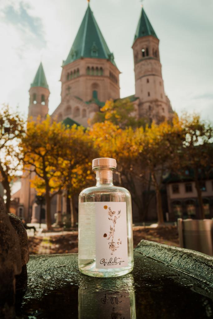 Gin aus dem Herzen von Mainz. Unser GickelGin fotografiert im Schatten Doms. Wunderschönes Produktfoto auf dem Marktplatz in Mainz. mit einer kleinen Wasserspiegelung.